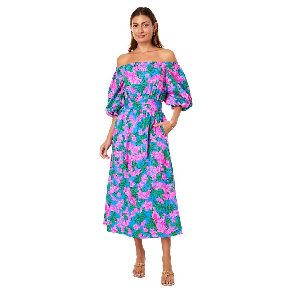 NWOT Lilly Pulitzer Shawnlee Off Shoulder Pink Safari Sunset Midi Dress - Size S